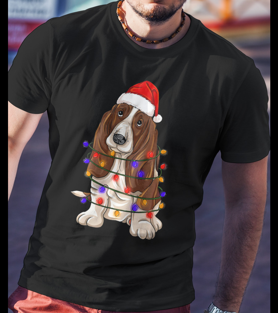 Basset Hound Santa Hat Wrapped In Christmas Lights T-Shirt