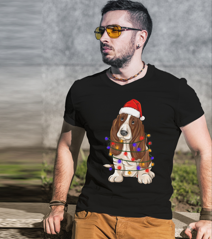 Basset Hound Santa Hat Wrapped In Christmas Lights T-Shirt