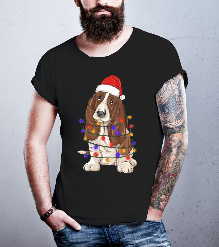 Basset Hound Santa Hat Wrapped In Christmas Lights T-Shirt