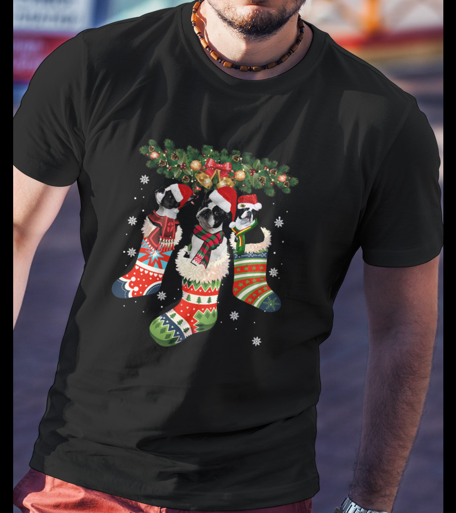 Three Boston Terrier In Christmas Stockings With Santa Hats And Festive Scarves T-Shirt