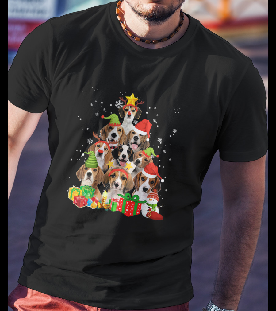 Funny Beagle Christmas Tree Santa Hats Presents Snowman T-Shirt