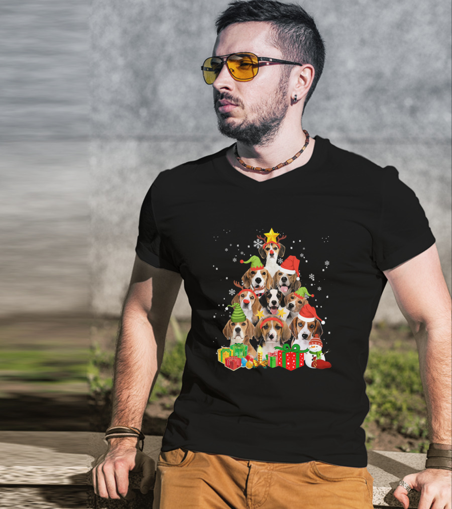 Funny Beagle Christmas Tree Santa Hats Presents Snowman T-Shirt
