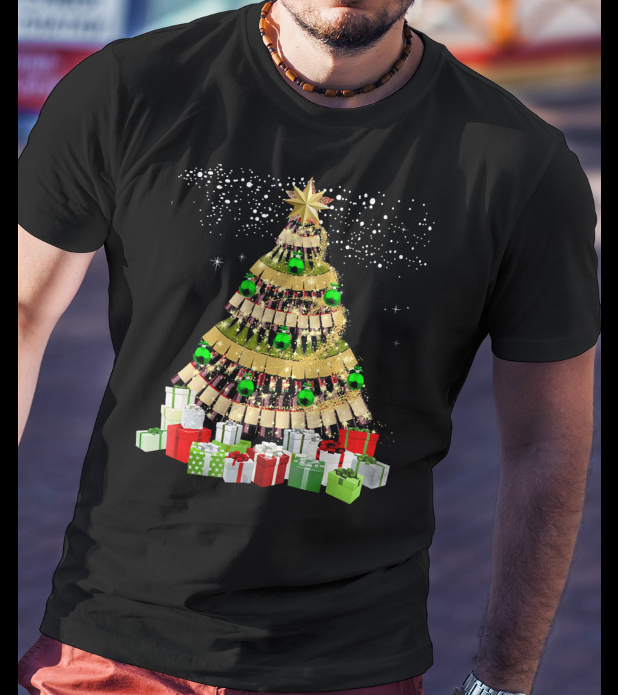 Wine Bottles Christmas Tree With Gifts Snowflakes And Ornaments T-Shirt