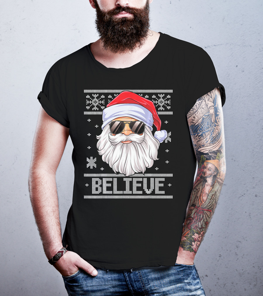 Santa Believe Christmas Sweater Design With Sunglasses And Snowflakes T-Shirt