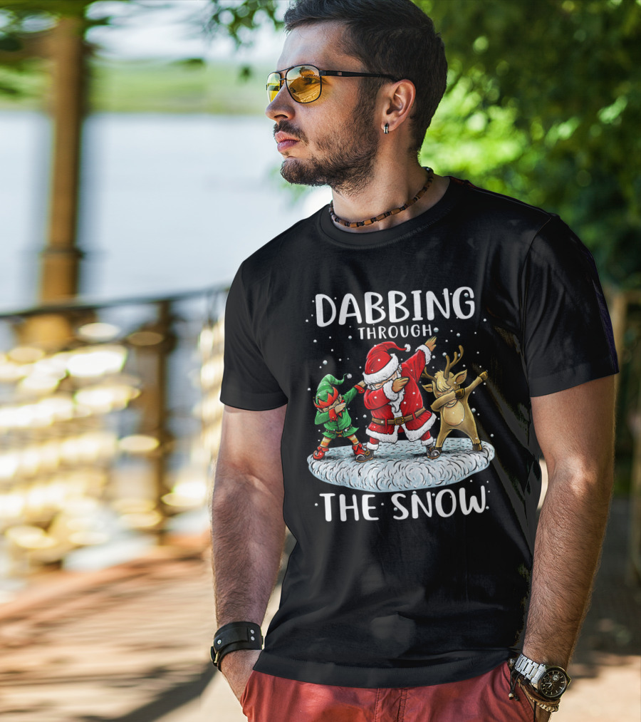 Dabbing Through The Snow Santa Elf Reindeer Funny Christmas T-Shirt