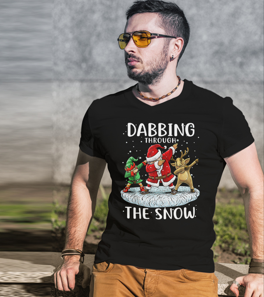 Dabbing Through The Snow Santa Elf Reindeer Funny Christmas T-Shirt
