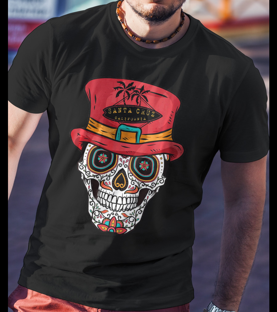 Santa Cruz California Sugar Skull Souvenir With Red Hat And Tropical Palm Trees T-Shirt