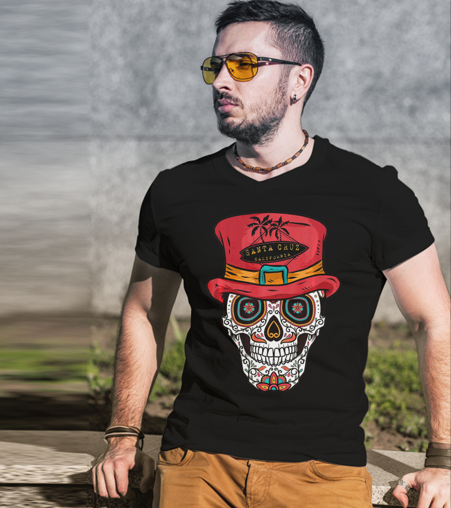 Santa Cruz California Sugar Skull Souvenir With Red Hat And Tropical Palm Trees T-Shirt