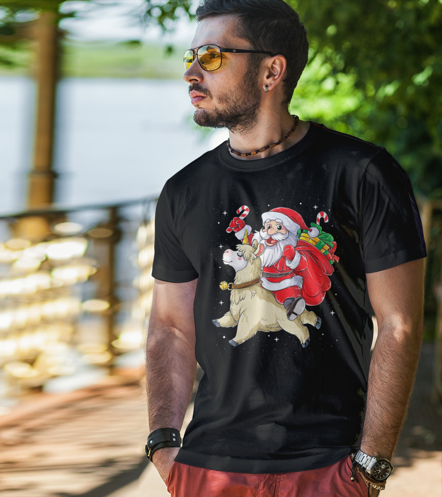 Fa La La Llama Christmas Santa Riding Llama With Candy Canes And Gifts T-Shirt