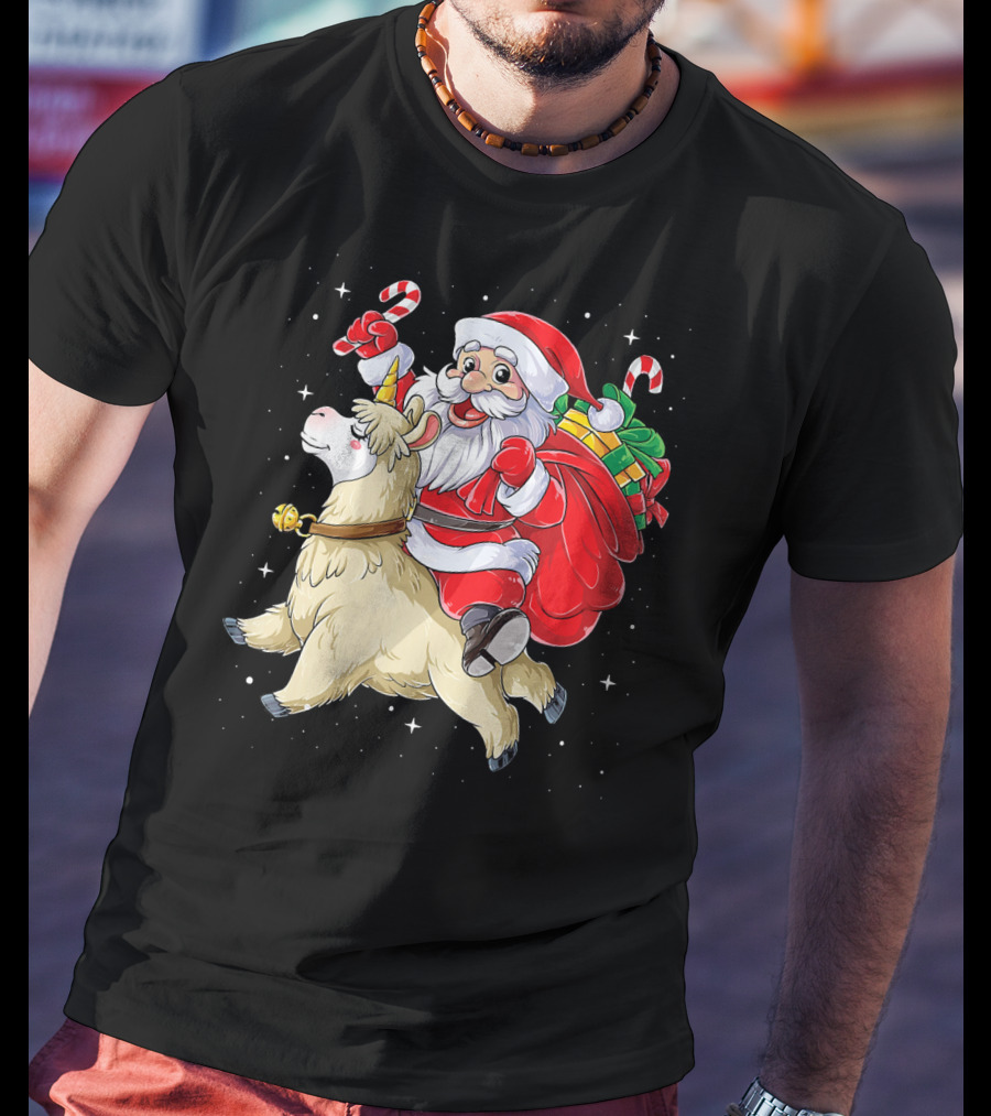 Fa La La Llama Christmas Santa Riding Llama With Candy Canes And Gifts T-Shirt