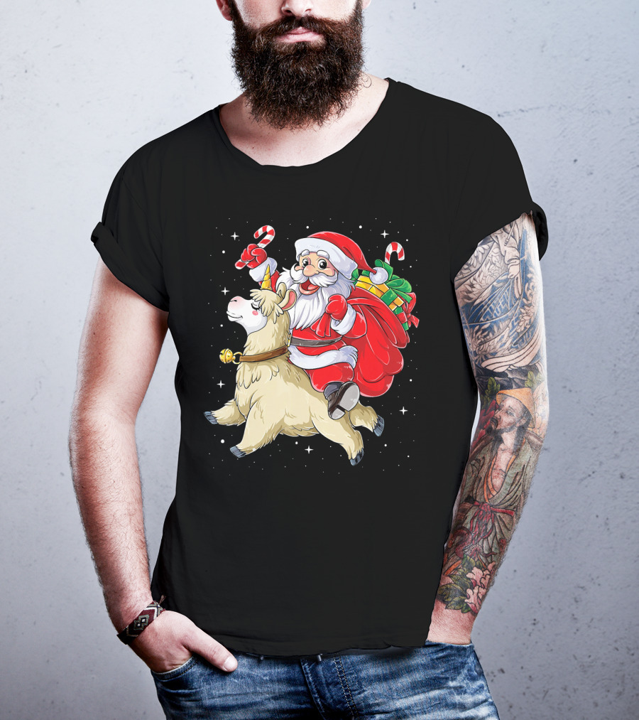 Fa La La Llama Christmas Santa Riding Llama With Candy Canes And Gifts T-Shirt