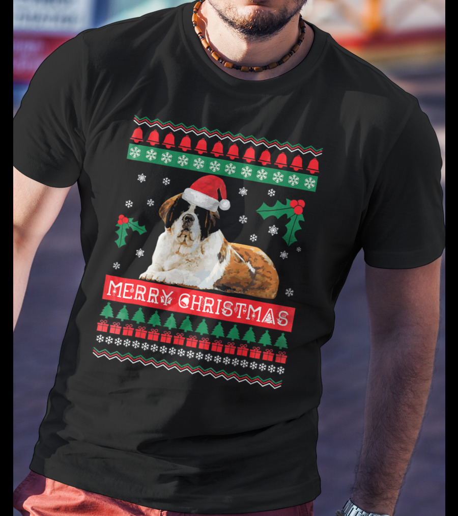 Merry Christmas St Bernard Dog Ugly Sweater Holiday T-Shirt