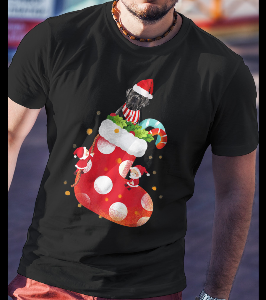 Christmas Cane Corso Dog In Santa Hat With Candy Cane And Stocking T-Shirt