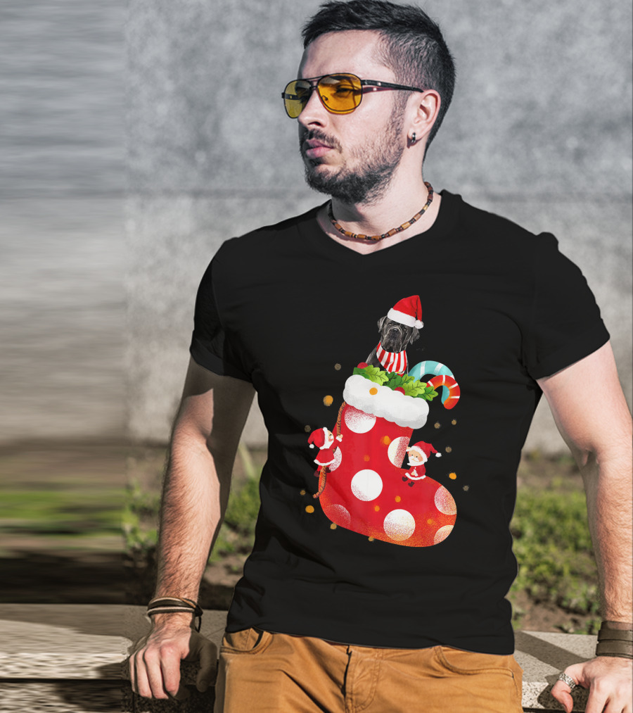 Christmas Cane Corso Dog In Santa Hat With Candy Cane And Stocking T-Shirt