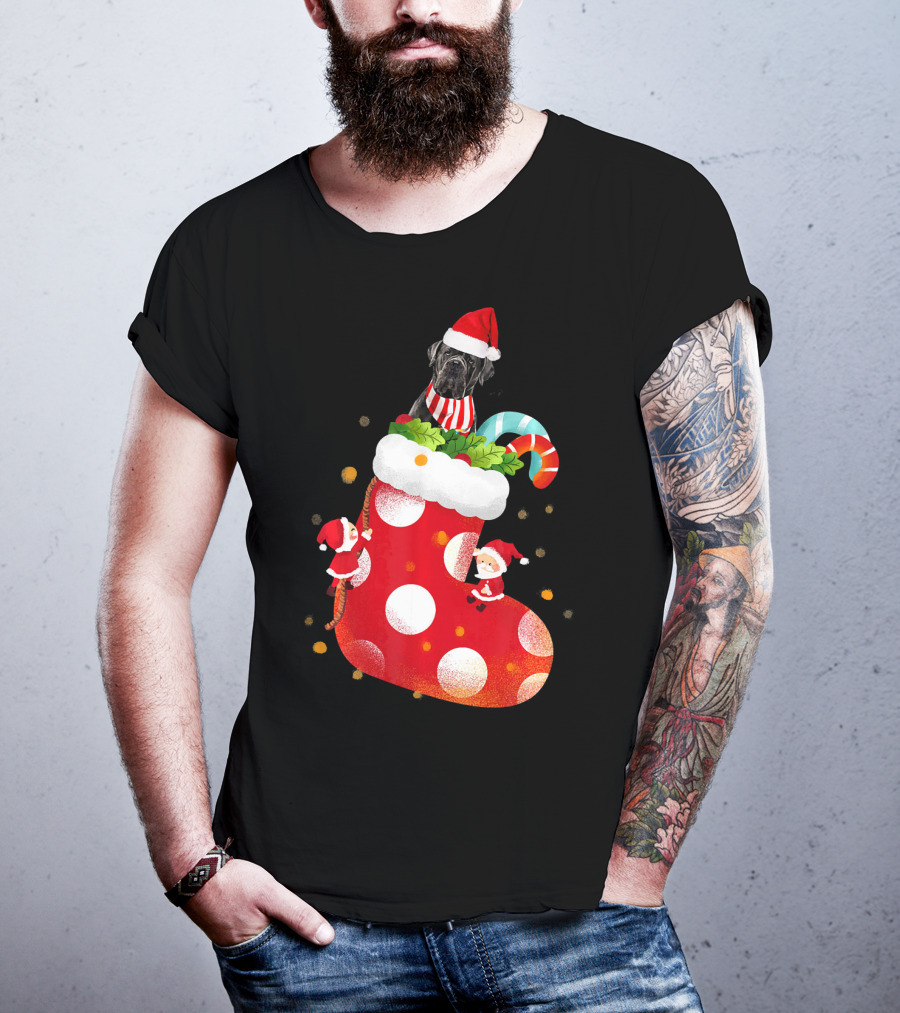 Christmas Cane Corso Dog In Santa Hat With Candy Cane And Stocking T-Shirt