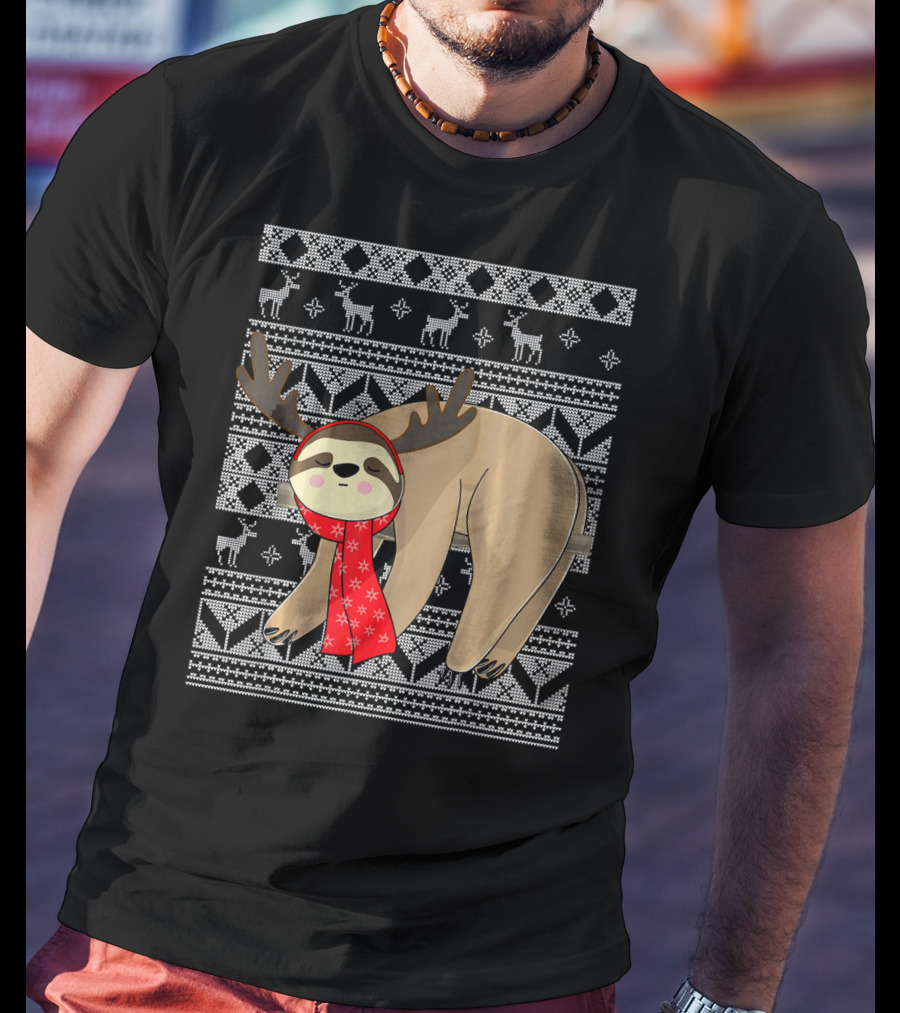 Ugly Christmas Sloth Reindeer Red Scarf Chris T-Shirt