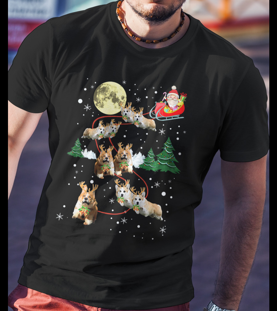 Reindeer Corgi Christmas Santa Sleigh Moon Trees Snowflakes T-Shirt