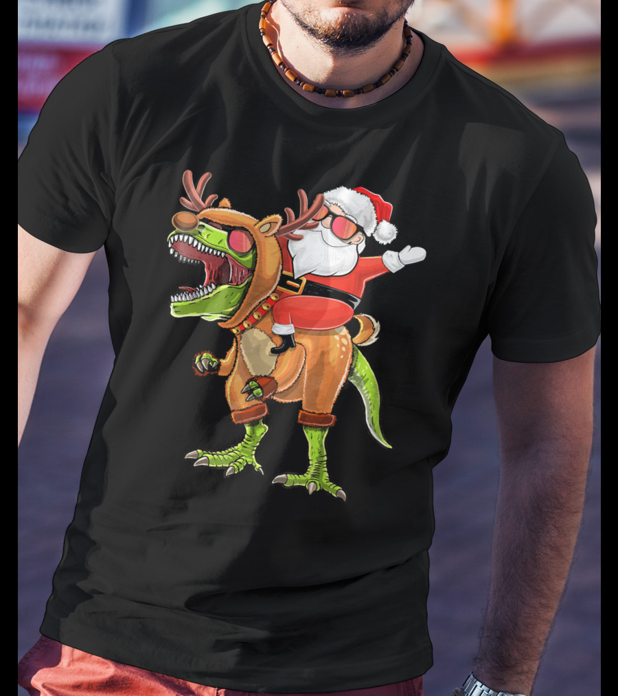 Santa Riding Reindeer Rex Dinosaur With Holiday Cheer T-Shirt