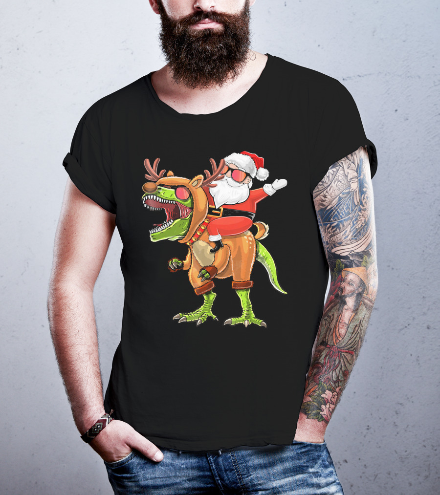 Santa Riding Reindeer Rex Dinosaur With Holiday Cheer T-Shirt