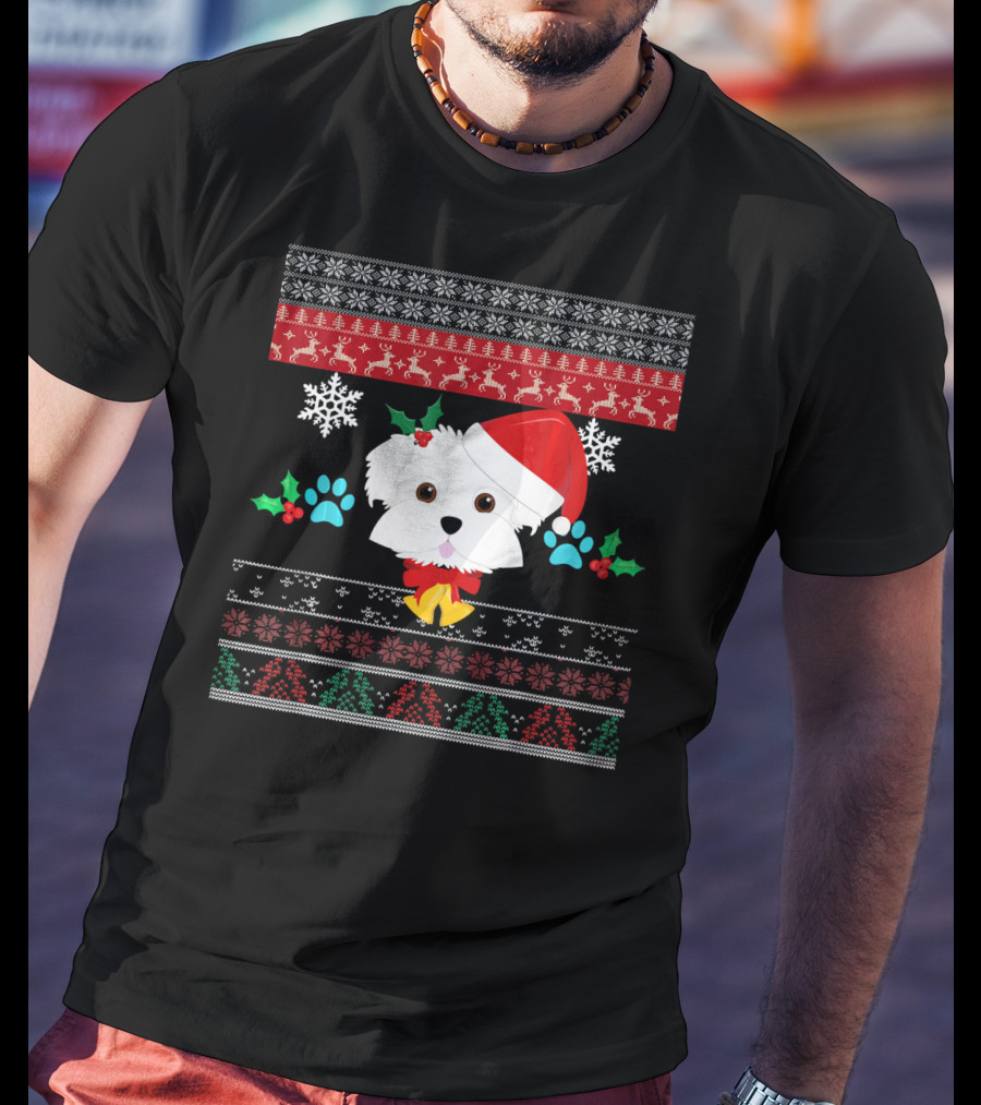 Maltese Dog Santa Hat Ugly Christmas Sweater Pattern Snowflakes Hollys Paws T-Shirt