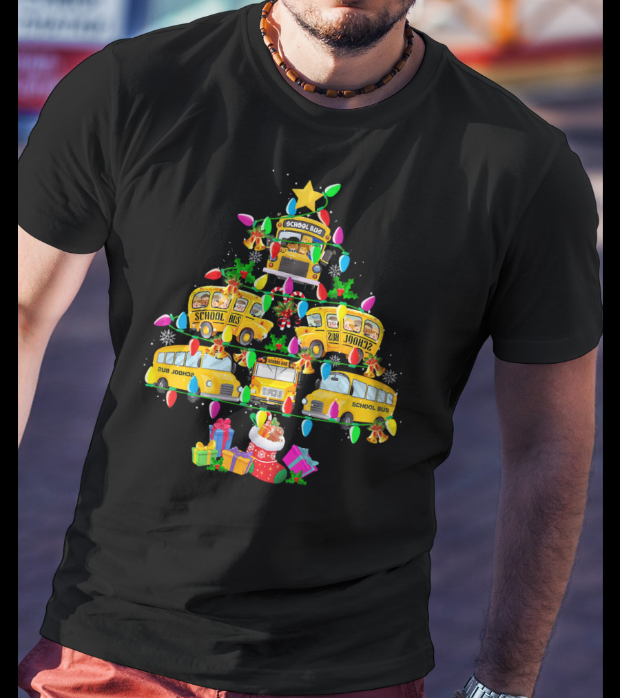 School Bus Driver Holiday Tree With Festive Lights And Gifts T-Shirt