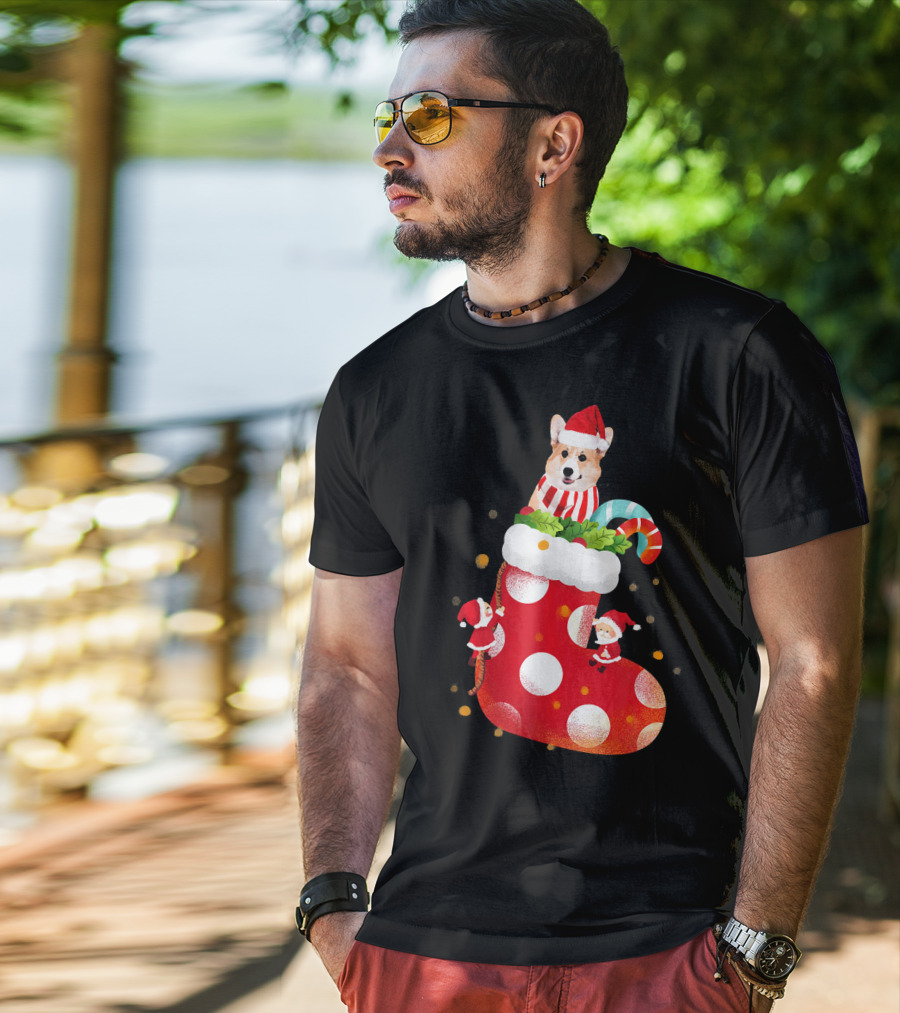 Christmas Corgi Dog In Santa Hat And Striped Scarf In Festive Stocking With Candy Cane T-Shirt