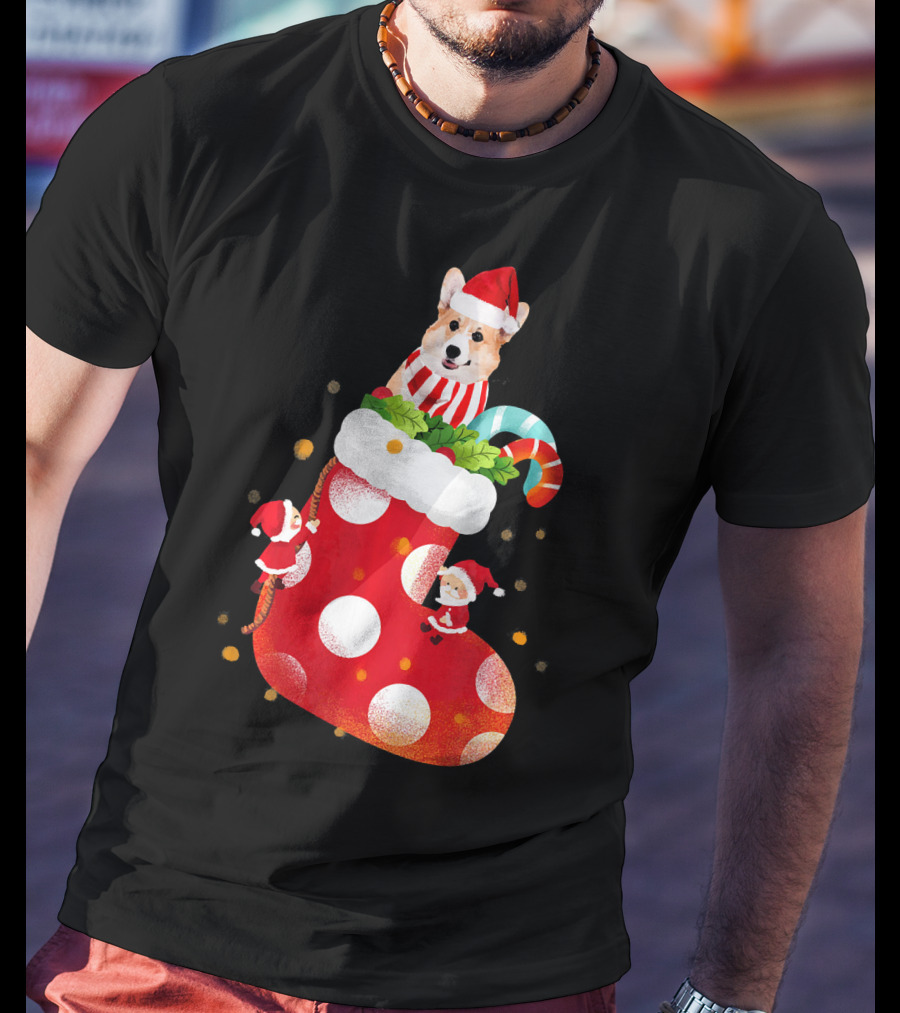 Christmas Corgi Dog In Santa Hat And Striped Scarf In Festive Stocking With Candy Cane T-Shirt