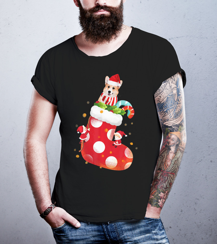 Christmas Corgi Dog In Santa Hat And Striped Scarf In Festive Stocking With Candy Cane T-Shirt