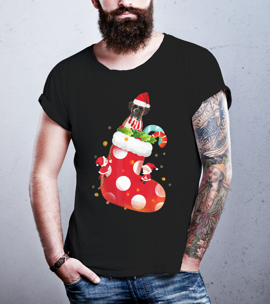 Christmas Boxer Dog Inside Santa Hat Sock With Candy Cane T-Shirt