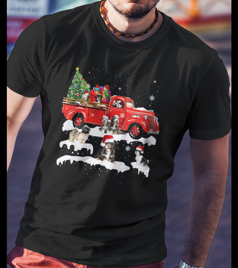 Tibetan Terrier Santa Hats Riding Red Truck With Christmas Tree And Gifts Snowflakes T-Shirt