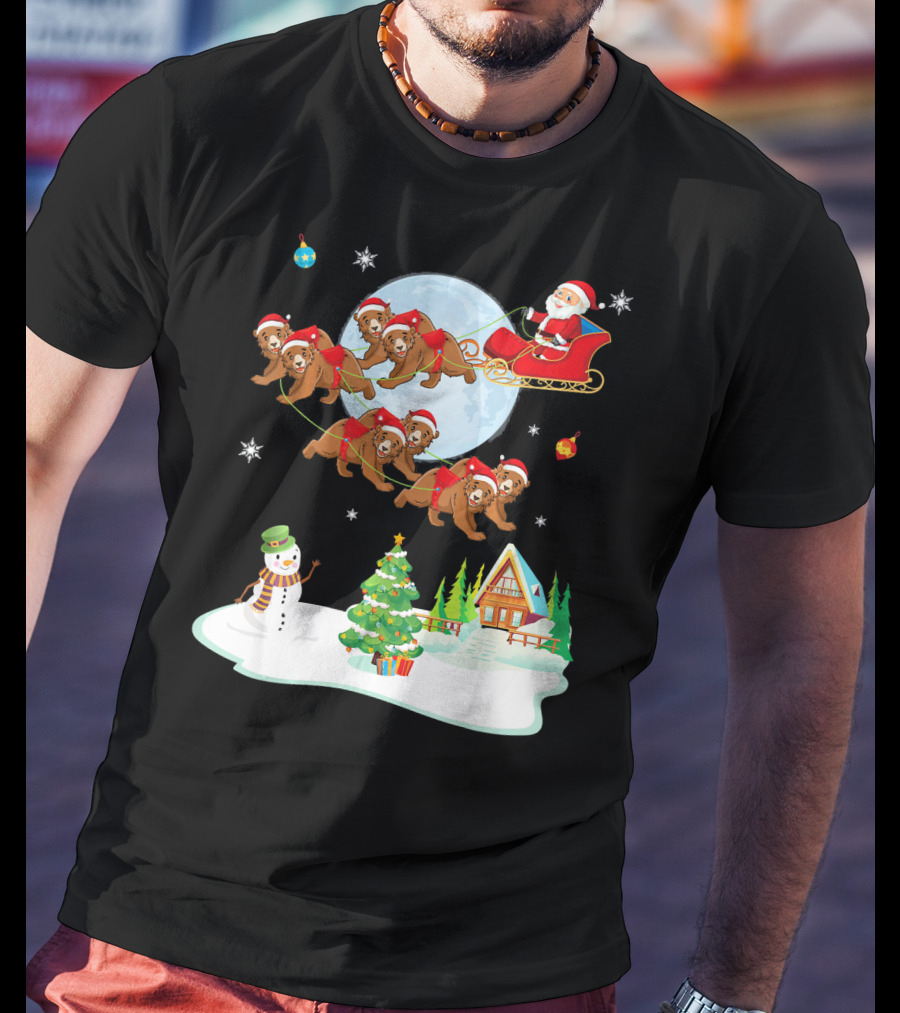 Santa Claus Sleigh With Bears And Snowman By Moonlit Cabin Noel T-Shirt
