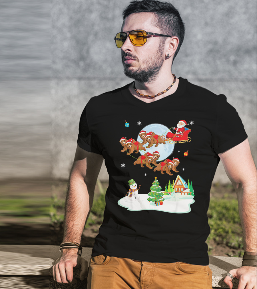 Santa Claus Sleigh With Bears And Snowman By Moonlit Cabin Noel T-Shirt