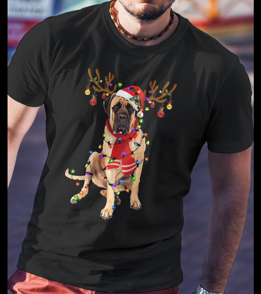 English Mastiff Christmas Lights Reindeer Antlers Santa Hat Scarf T-Shirt