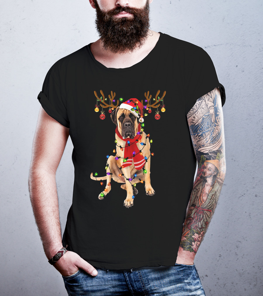 English Mastiff Christmas Lights Reindeer Antlers Santa Hat Scarf T-Shirt