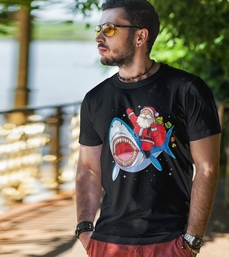 Christmas Kids Santa Riding Shark With Gifts T-Shirt