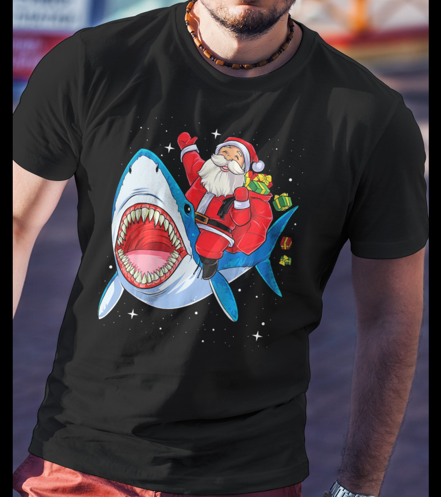 Christmas Kids Santa Riding Shark With Gifts T-Shirt