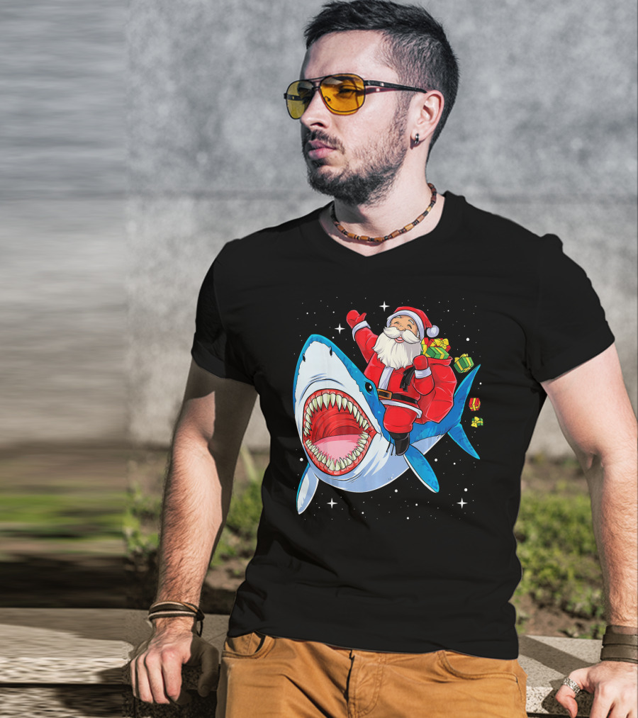 Christmas Kids Santa Riding Shark With Gifts T-Shirt