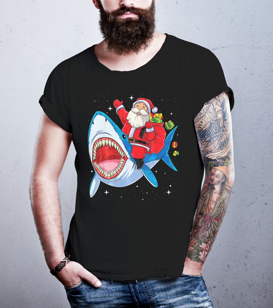 Christmas Kids Santa Riding Shark With Gifts T-Shirt