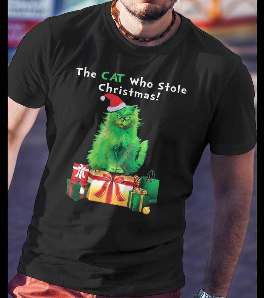 The CAT Who Stole Christmas Holiday Purr With Santa Hat And Gifts T-Shirt