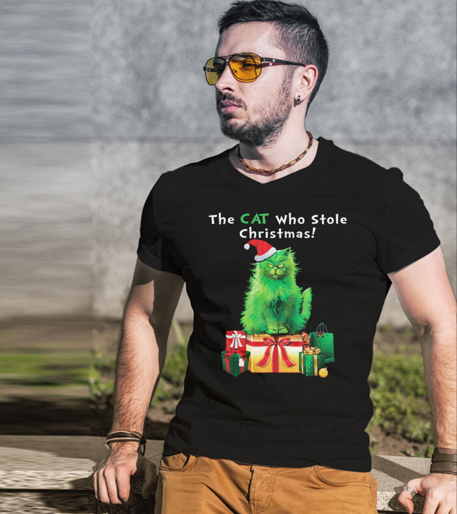 The CAT Who Stole Christmas Holiday Purr With Santa Hat And Gifts T-Shirt
