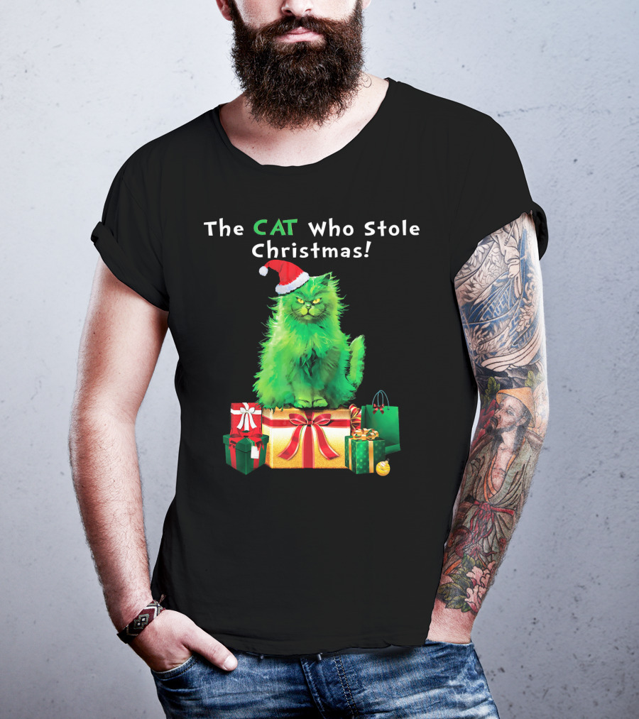 The CAT Who Stole Christmas Holiday Purr With Santa Hat And Gifts T-Shirt