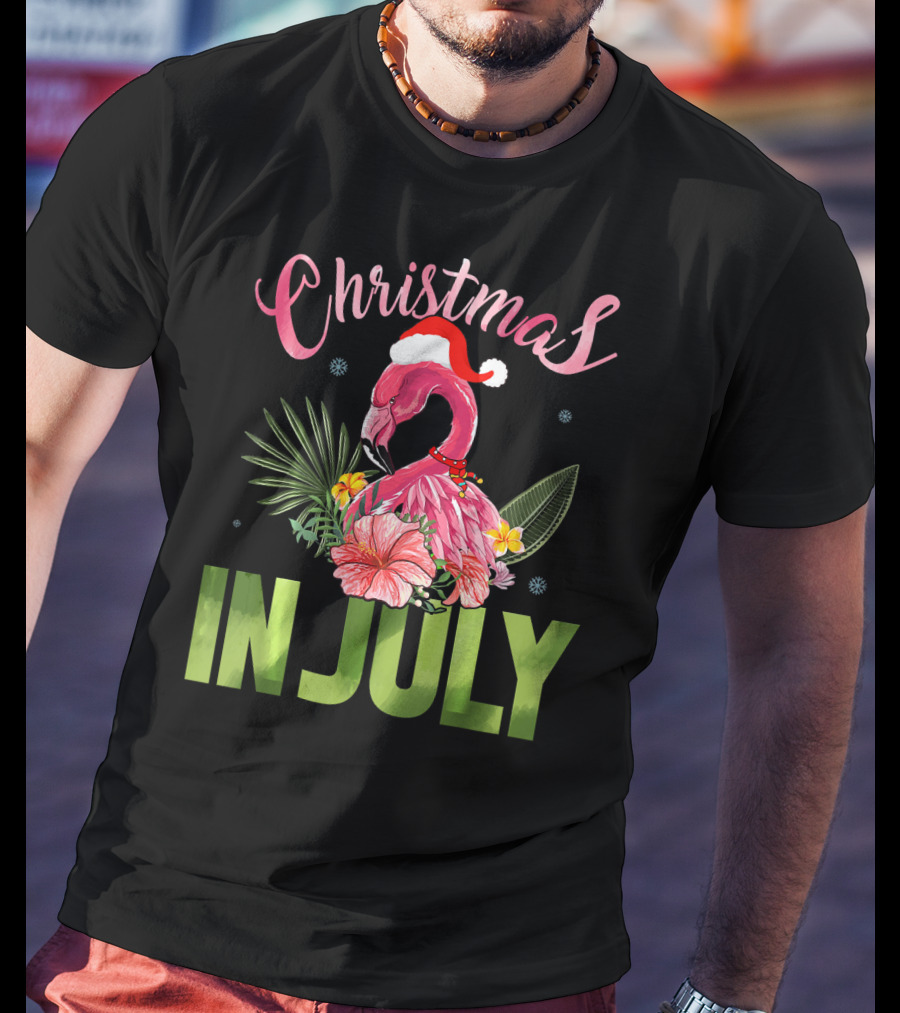 Christmas In July Cute Santa Hat Flamingo Summer T-Shirt