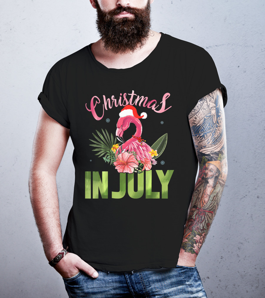 Christmas In July Cute Santa Hat Flamingo Summer T-Shirt