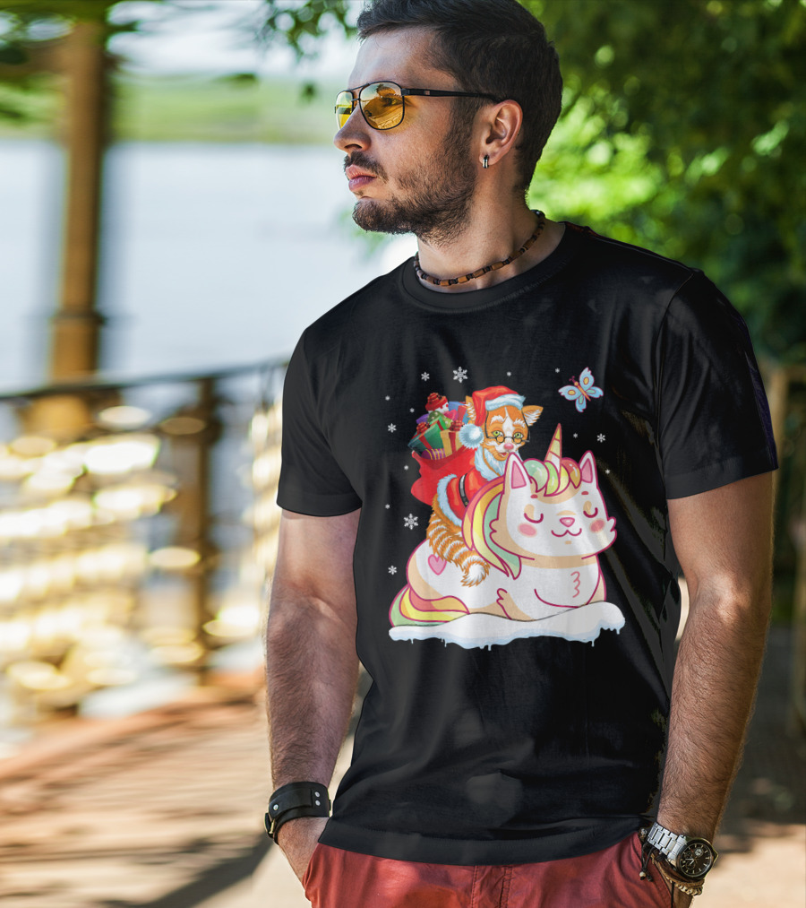 Santa Cat Riding Unicorn With Christmas Presents And Butterfly T-Shirt