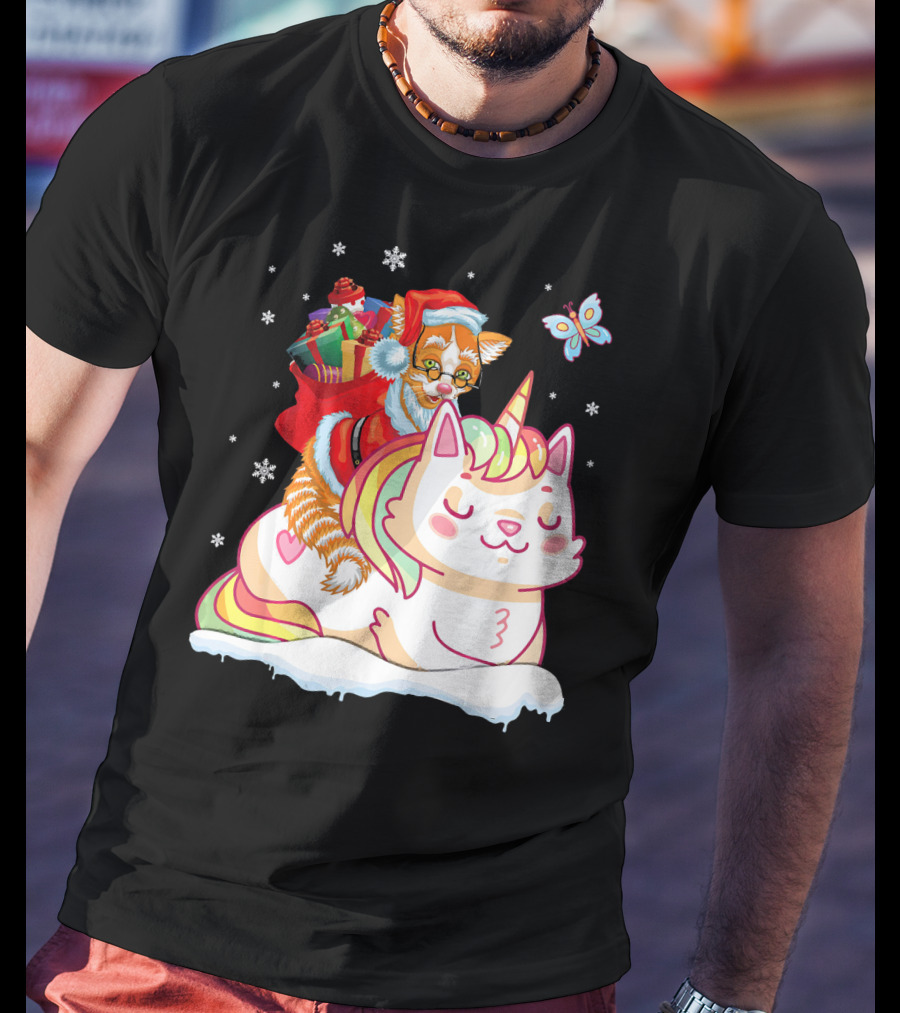 Santa Cat Riding Unicorn With Christmas Presents And Butterfly T-Shirt