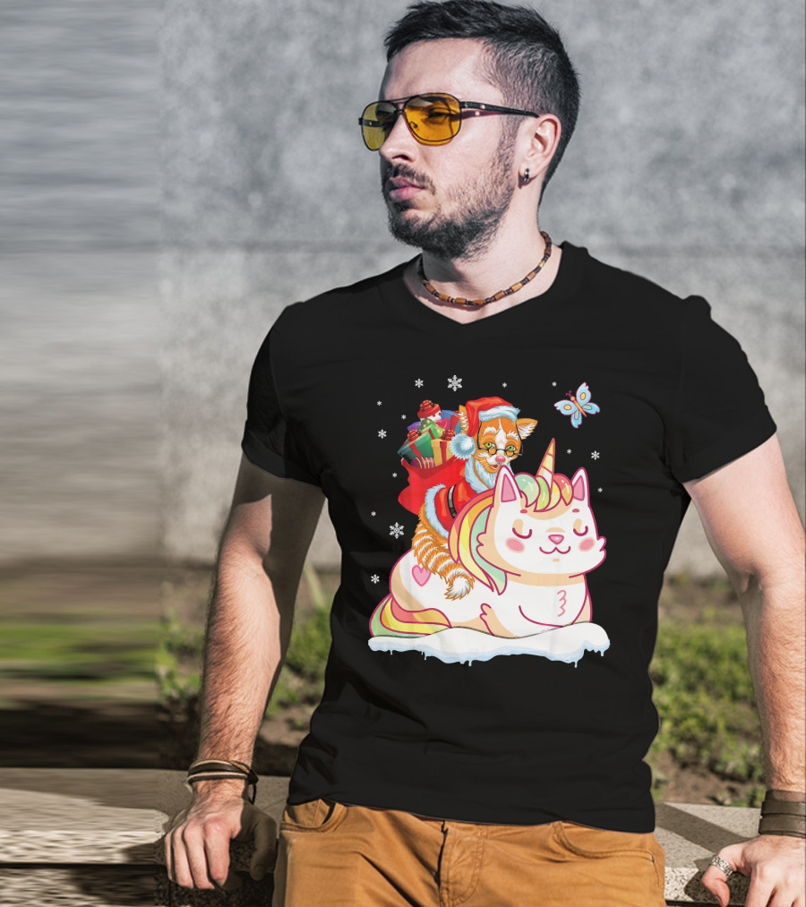 Santa Cat Riding Unicorn With Christmas Presents And Butterfly T-Shirt
