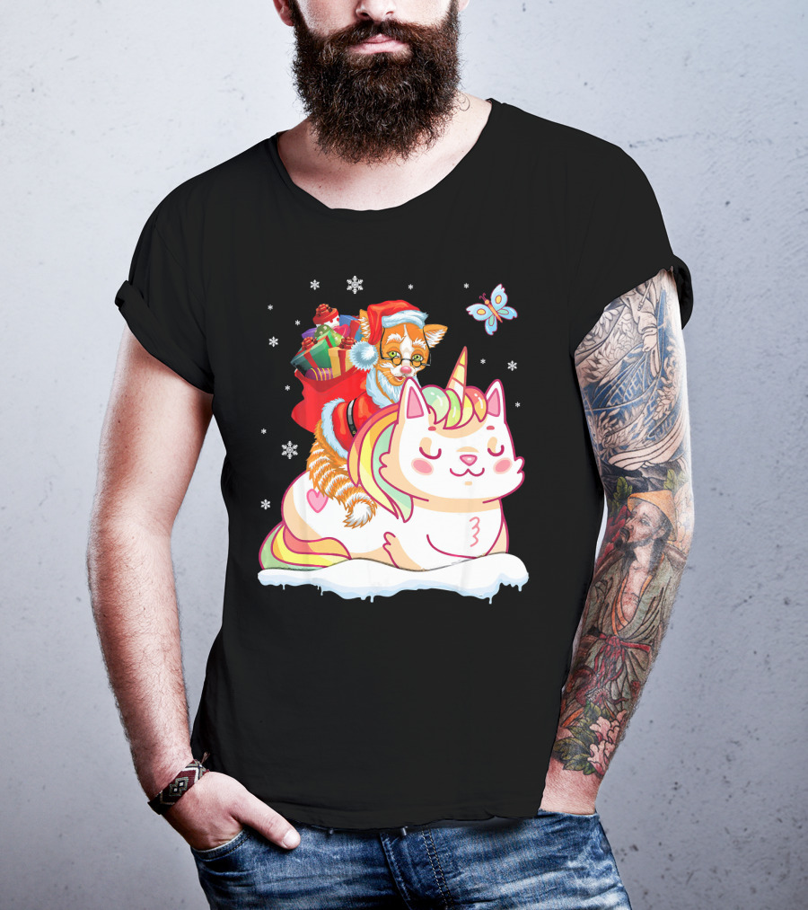 Santa Cat Riding Unicorn With Christmas Presents And Butterfly T-Shirt