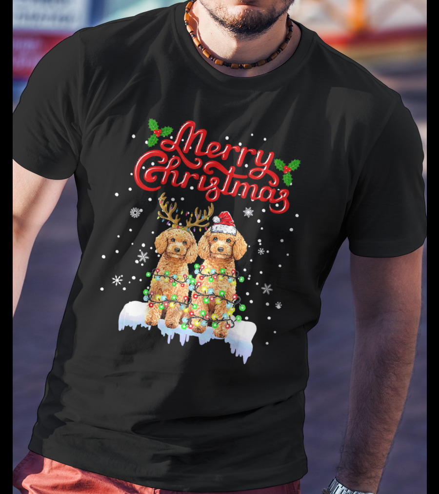 Merry Christmas Poodle Lights Funny Dog Matching T-Shirt