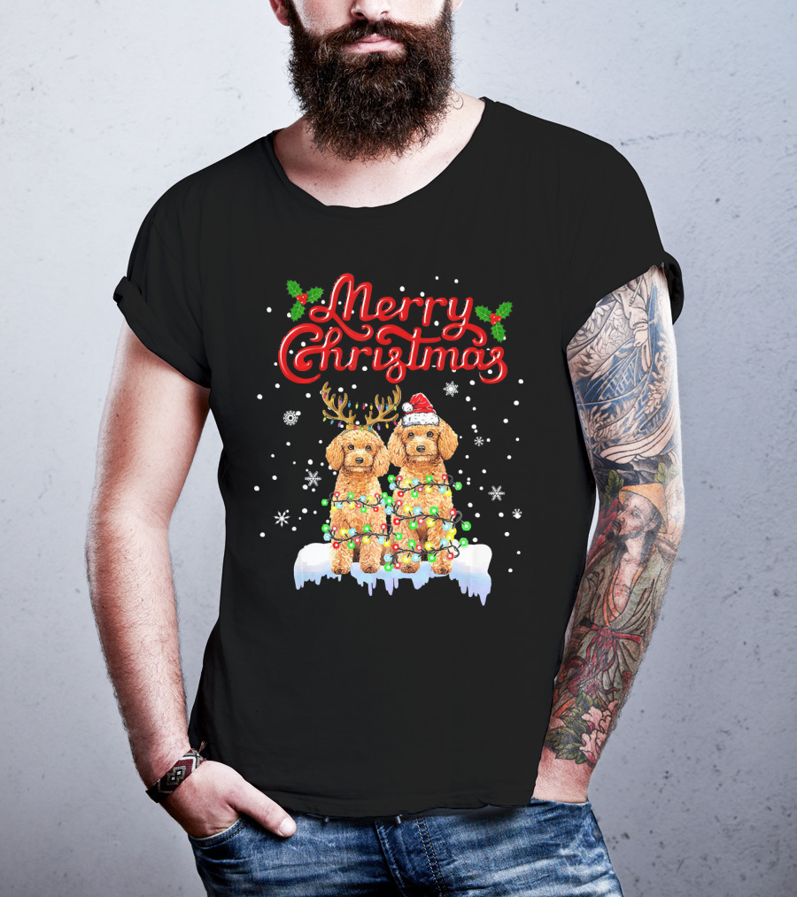 Merry Christmas Poodle Lights Funny Dog Matching T-Shirt