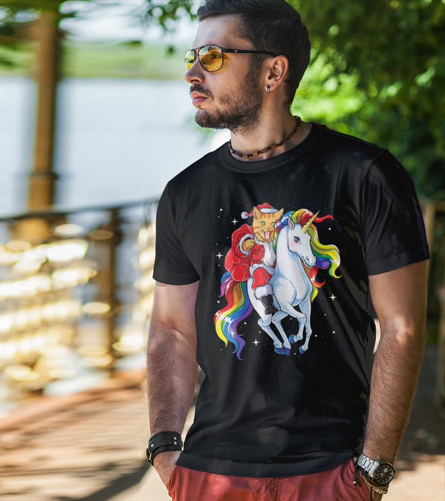 Cat Santa Riding Rainbow Unicorn Christmas Girl T-Shirt